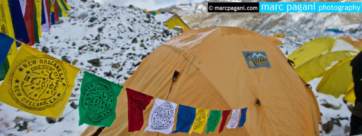 Kabuki prayer flags at base camp on Mount Everest